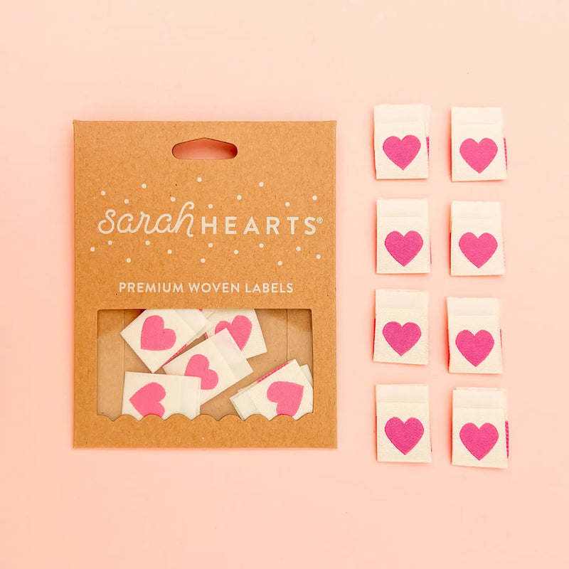 Pink Heart Woven Labels - Sewing  Label Tags by Sarah Hearts, Set of 8