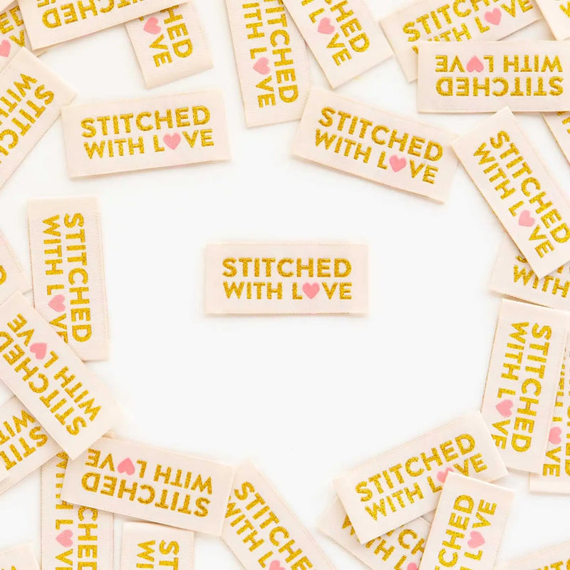 Stitched with Love - Gold Sewing Woven Clothing Label Tags by Sarah Hearts, Set of 8