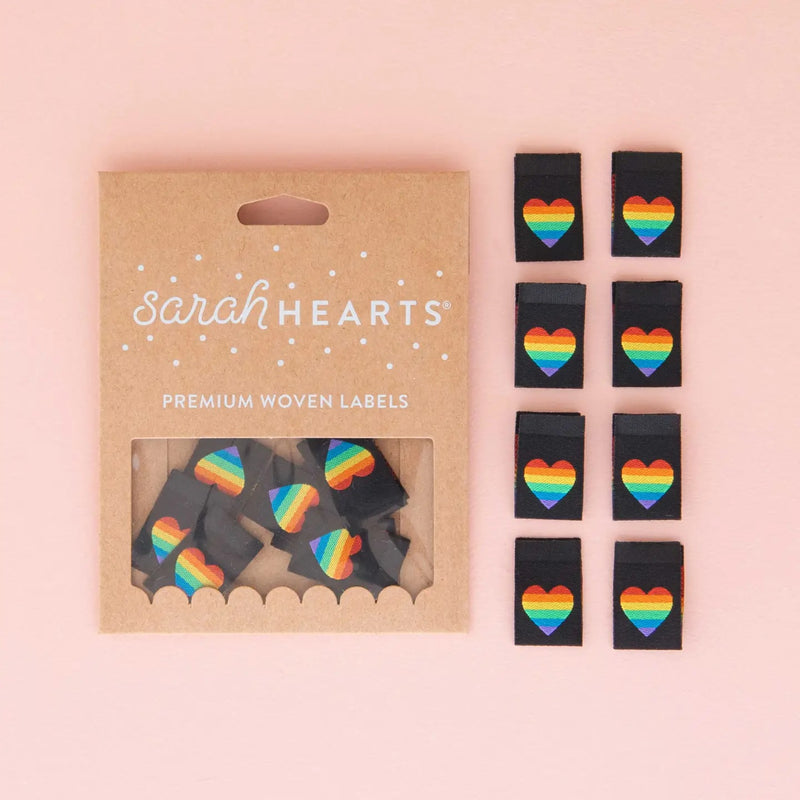 Pride Rainbow Heart Woven Sewing Labels by Sarah Hearts, Set of 8