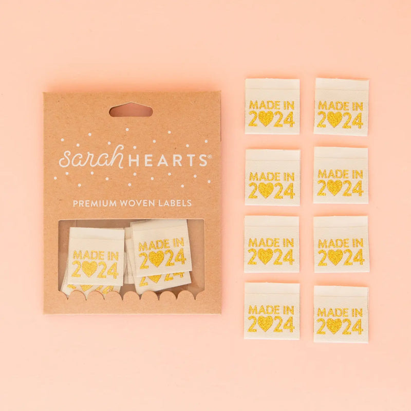 Made in 2024- Gold Sewing Woven Clothing Label by Sarah Hearts, Set of 8