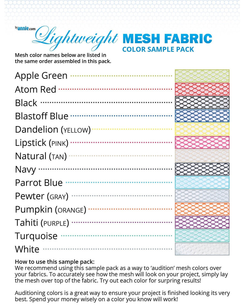 ByAnnie Light-Weight Mesh Color Sample Swatch card Pack